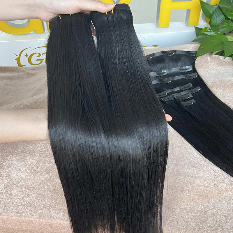 Raw Unprocessed Clip-ins Natural Human Hair Extensions 100g Pu Weft Invisible Seamless Straight Clip In Hair
