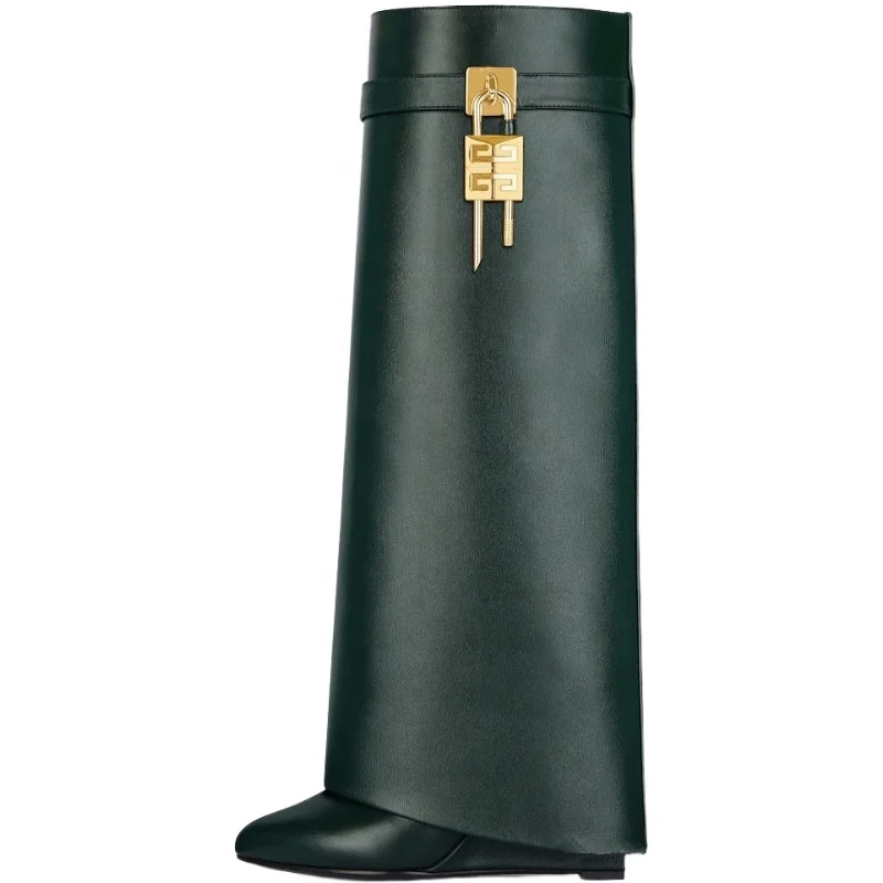 New Designed Pointy Straight Shaft Shark Lock Buckle Super Wedge Heel Pants Boots For Women