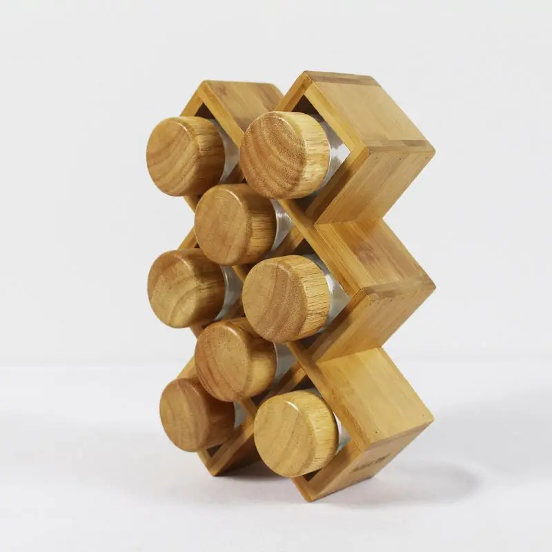 Bamboo Wooden Rotating Revolving Bamboo rotatable Spice Rack Glass Jars for kitchen spice shelf organizer