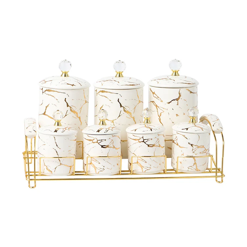 Marble Ceramic Spice Jars with Lid Porcelain Condiment Jars Set 7 Pcs Ceramic Seasoning Condiment Pots