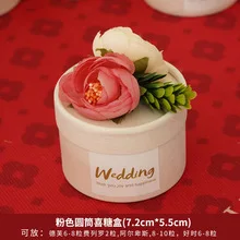 Wedding or Promotion Gift Box Light Pink Flower and Butterfly Knot Ribbon and Heart Tag on Top Light Pink Round Paper Candy Box