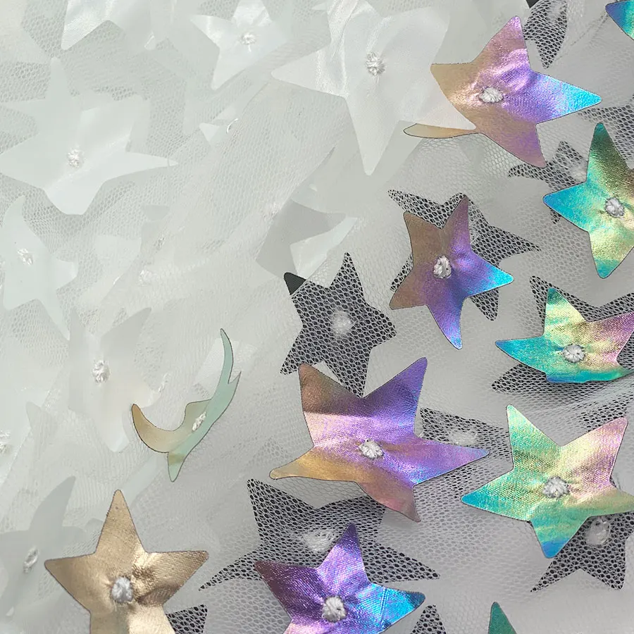 Clothing decoration glitter reflect light foil multicolor goldleaf 3D shinny five-pointed star laser embroidery mesh fabric