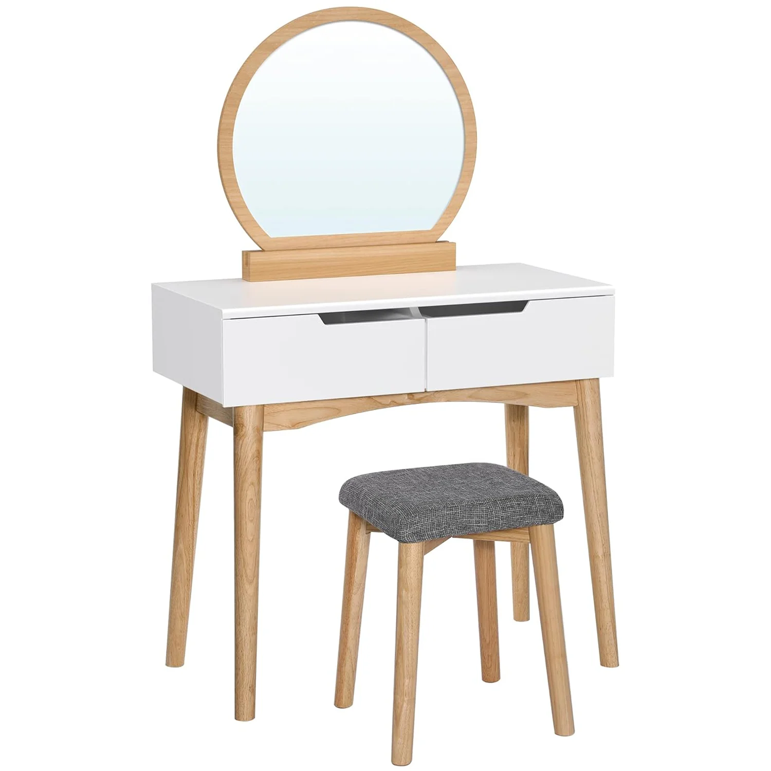 White Wooden Vanity Table Set with 2 Drawers Mirror Cushioned Stool for Girls Bedroom Dressing Furniture MDF Style