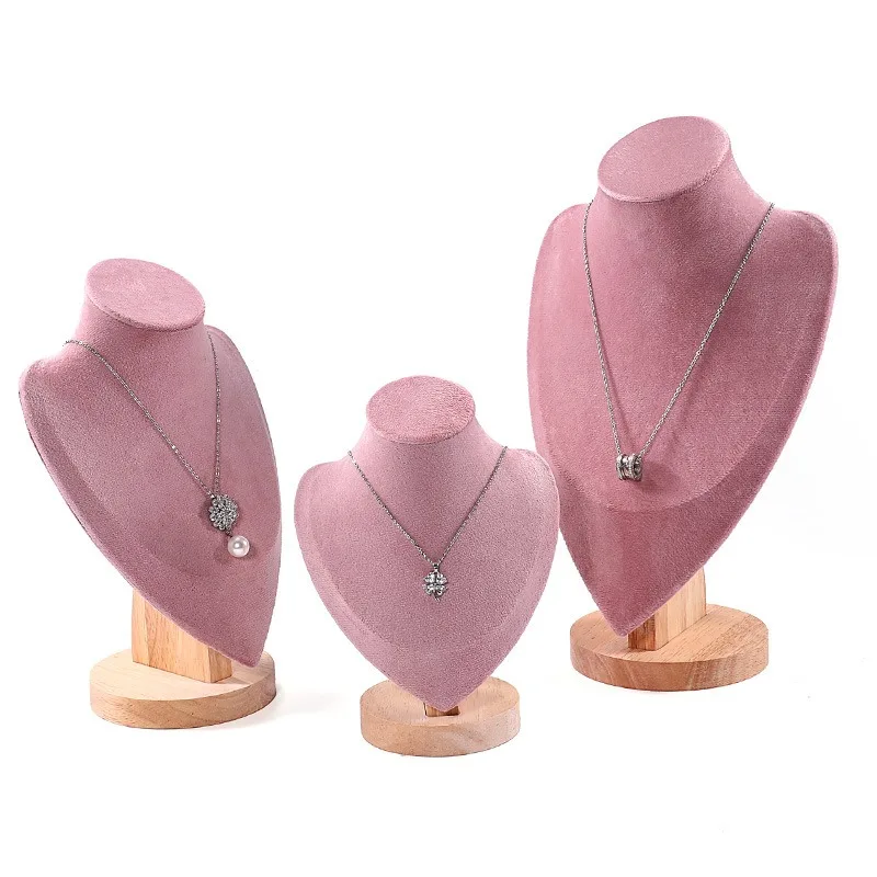 Pink Series Suede Mannequin Model Jewelry Necklace Prop Chain Display Stand With Wood Base