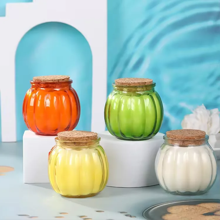 Wholesale 200ml High Quality Pumpkin Shaped Colorful Glass Candle Holder with Cork Lid for Decoration