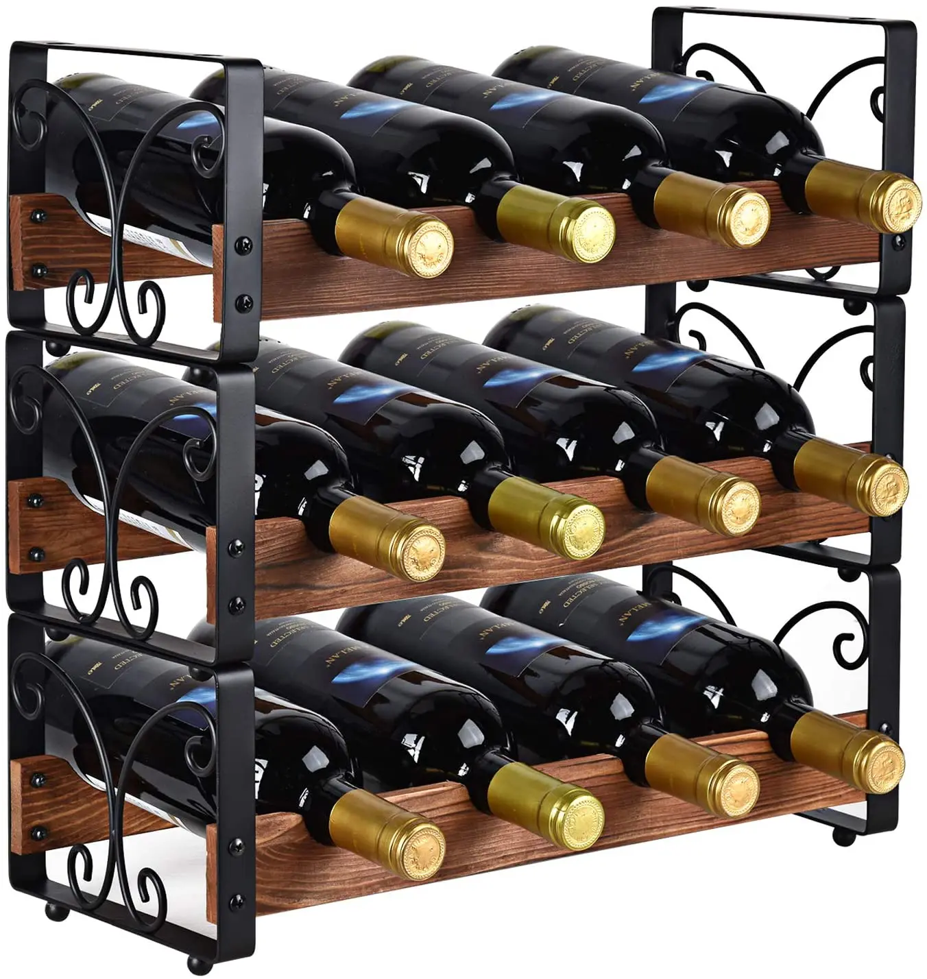 Modern 3-Tier Stackable Wine Rack 12-Bottle Holder Organizer Countertop Liquor Storage Shelf Metal/Steel Cooler