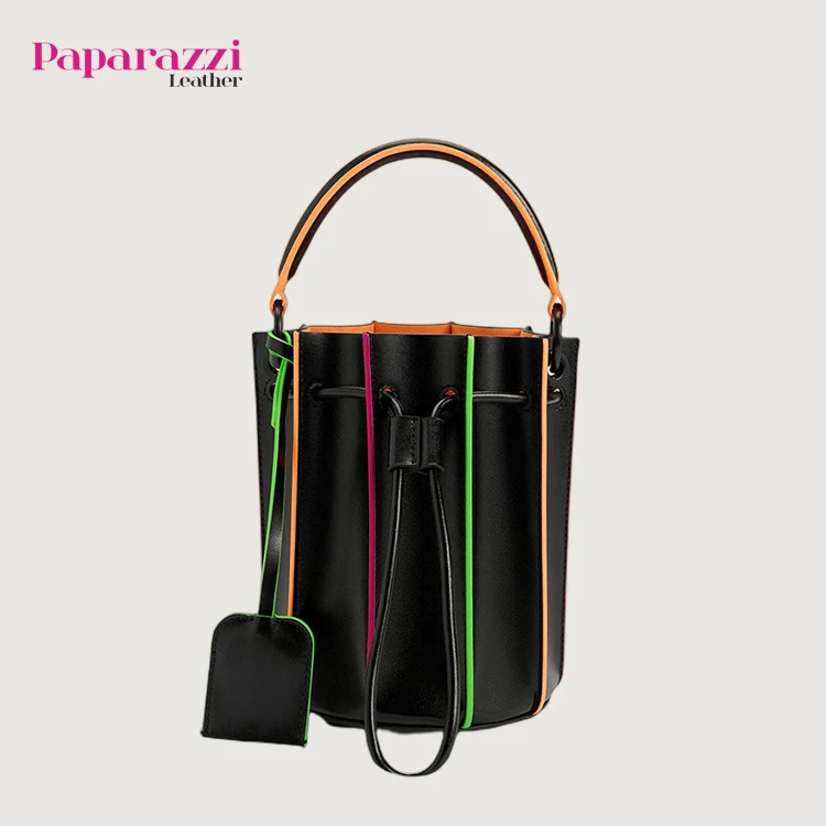 BSCI Certificated Paparazzi Leather #PA0602 Drawstring Anti-Thef Patchwork Pu Crossbody Bucket Hand Bag With Colorful Edging