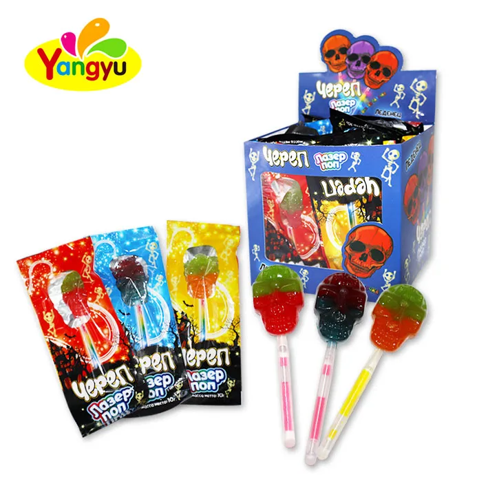 Halloween candy mixed fruit flavor Skull Head glowing fluorescent lollipop
