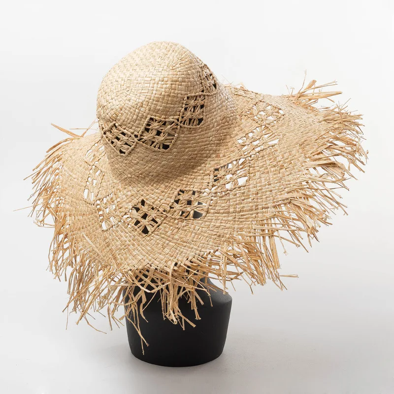 Hollow Design Pattern Summer Fashion Girls Floppy Big Brim Women Lady Beach Raffia Straw Hat with Frayed Brim