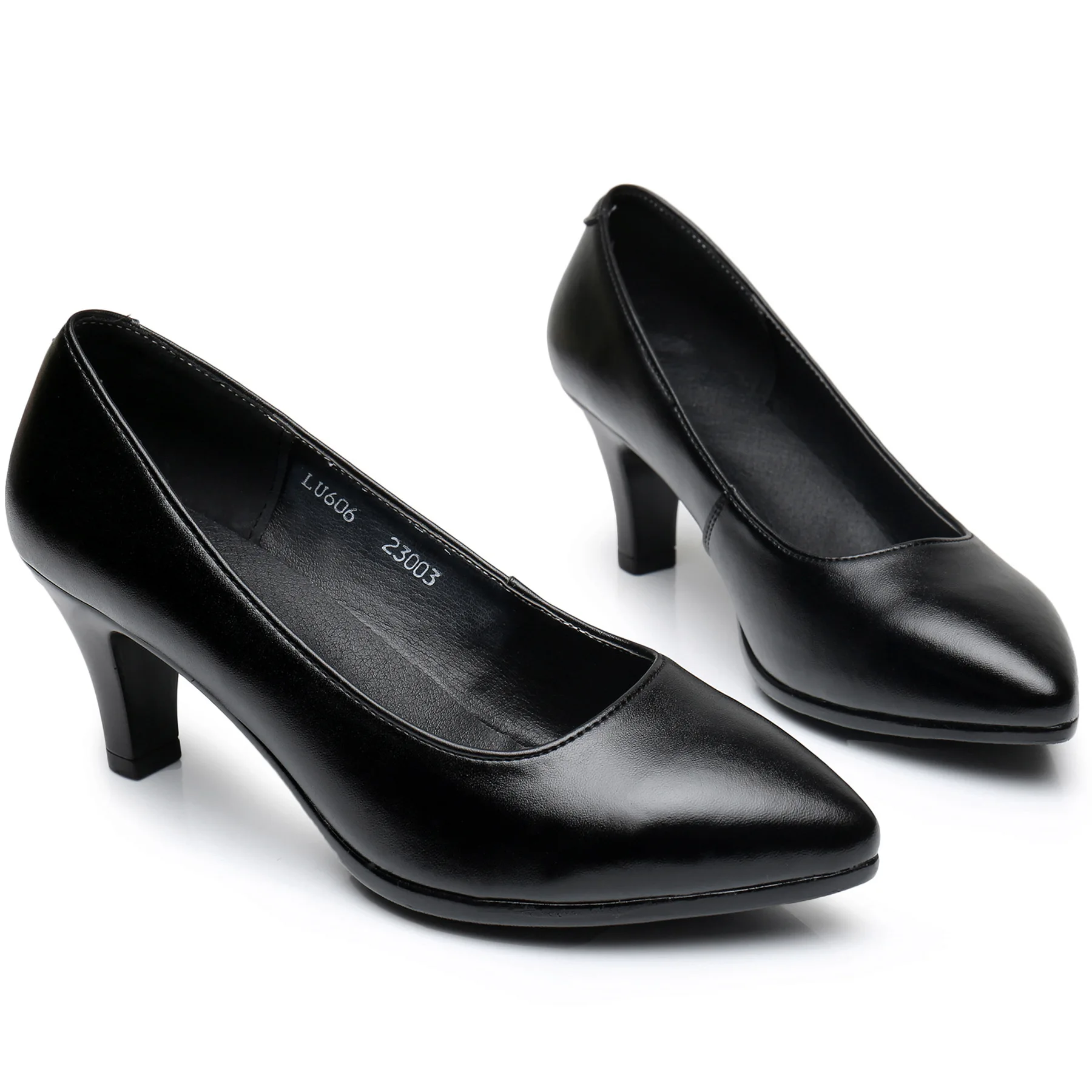 Wholesale point toe women black short heel ladies flat genuine leather black office formal dress shoes