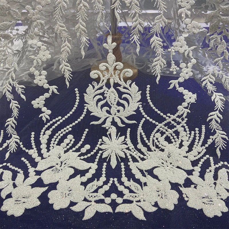 Honglong luxury Swiss lace white wedding gauze mesh glittering crystal sequins beaded ball evening dress fabric
