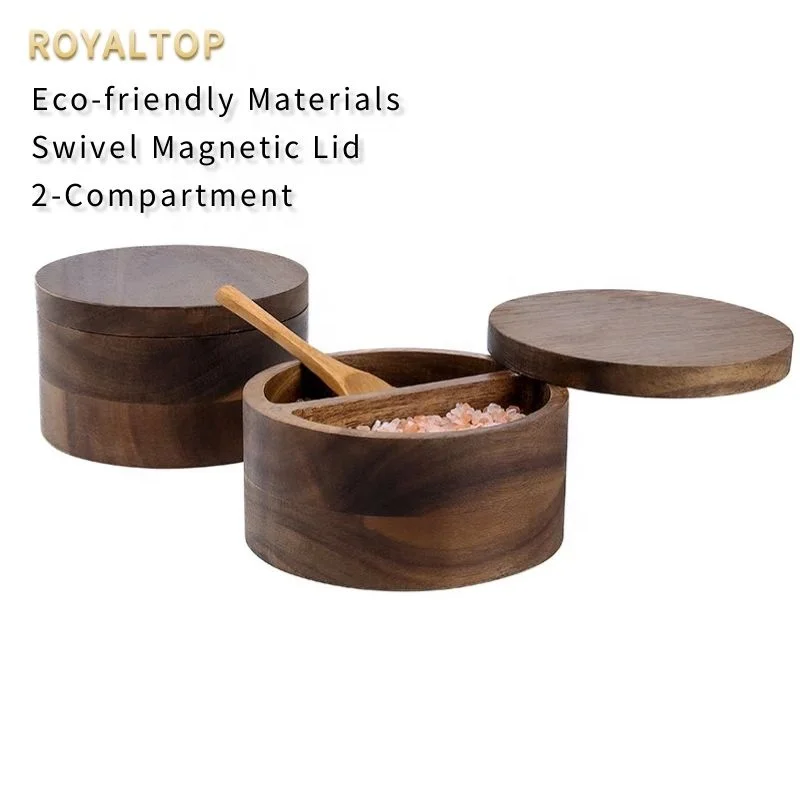 Acacia Wood 12oz Salt Cellar Bowl & Box Wooden Container with Swivel Magnetic Lid to Storage Pepper Spice Bath Salt Sea Salt