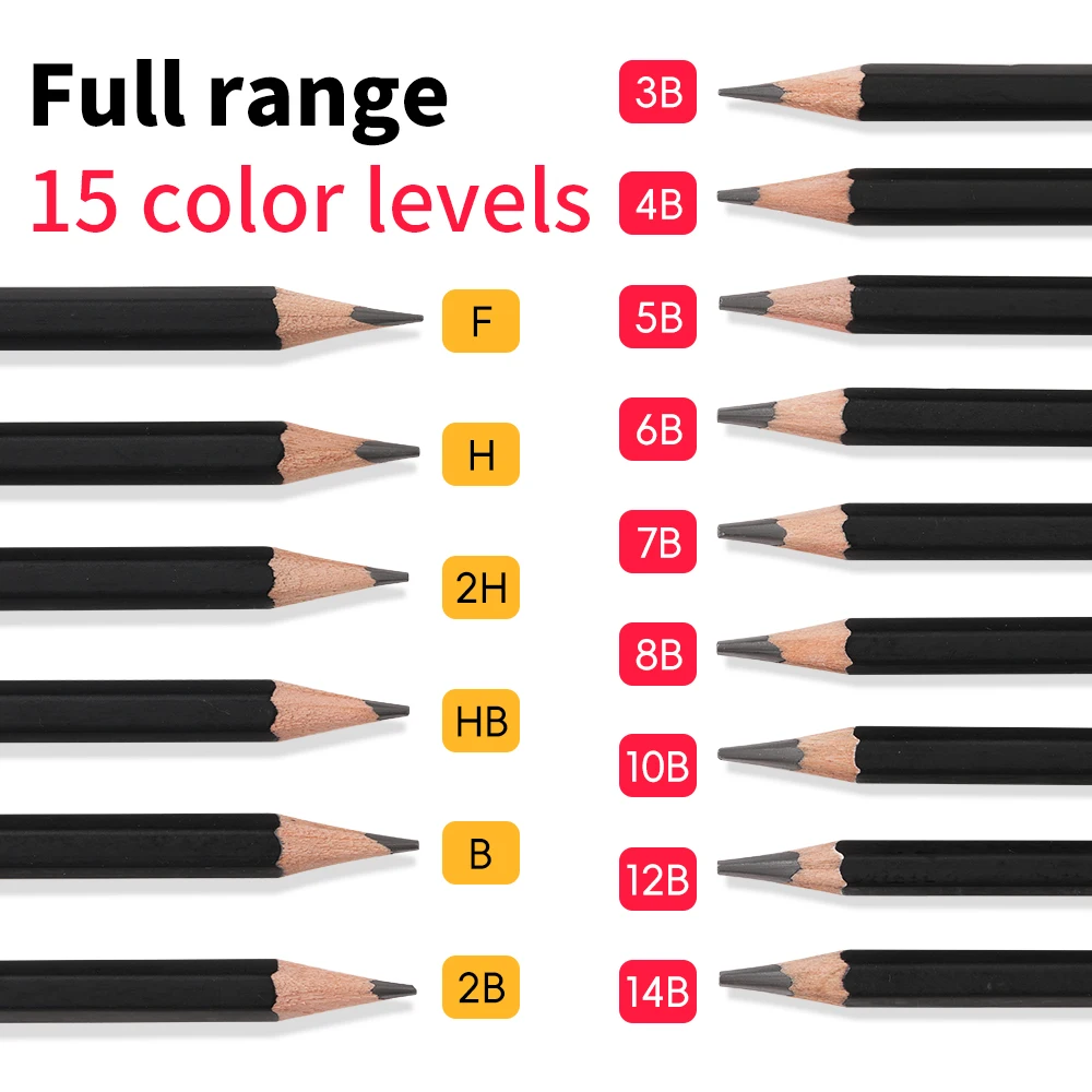 Xin Bowen Professional Black 12Pcs Sketch Pencil Set HB/2B/4B/6B/8B/10B/12B/14B /Assorted Types Art Graphite Drawing Pencil