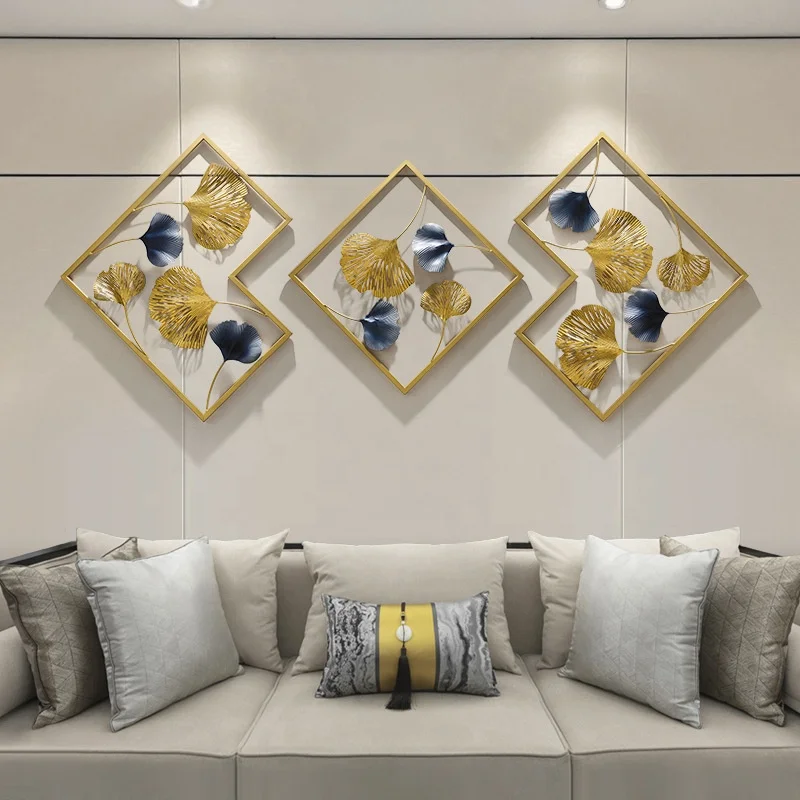 Nordic style ginkgo leaf metal art sets modern wall decor golden background living room bedroom wall hanging