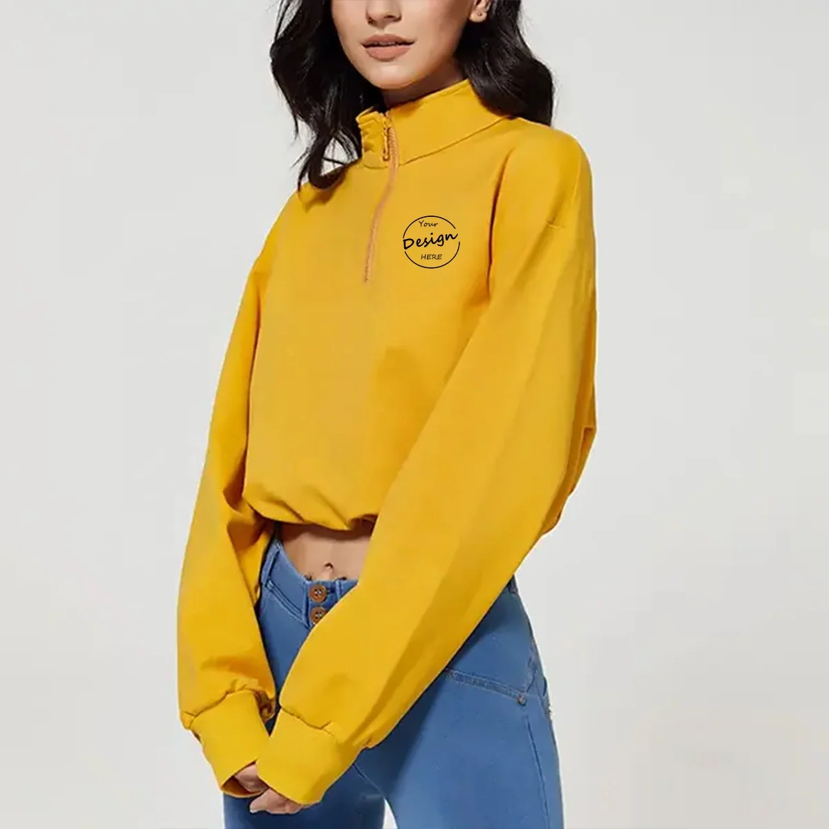 Quarter Zip Long Sleeve Solid Colour Sport Pullover Hoodies Women Organic Cotton Korean Style Sweatshirt