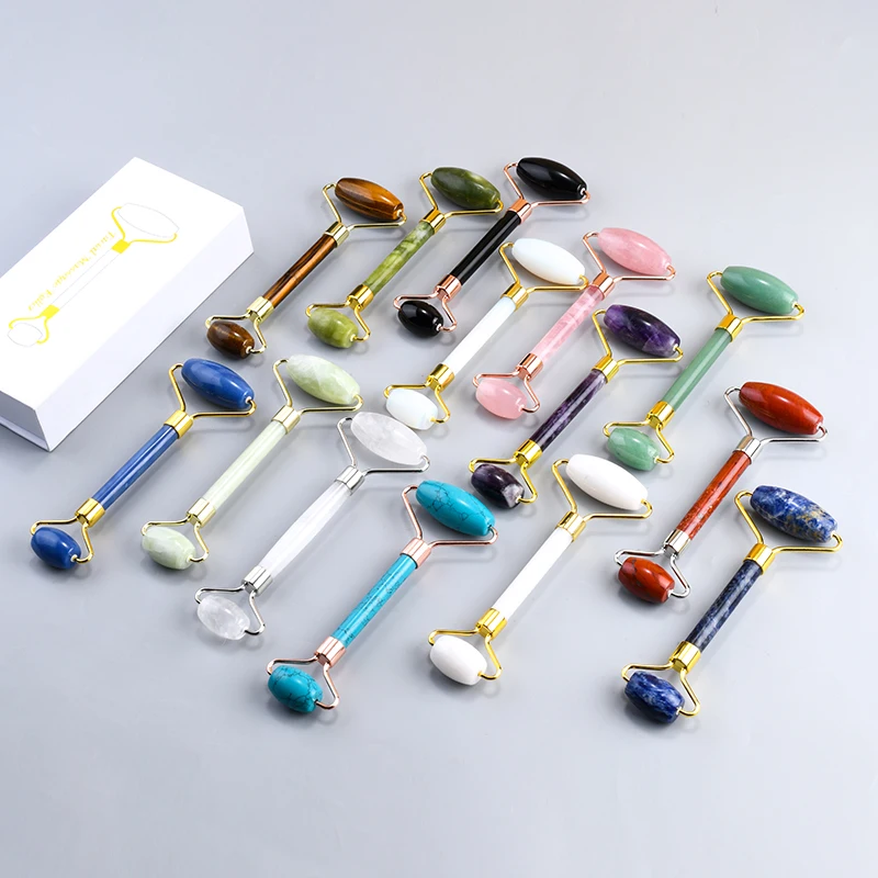 Natural Face Jade Roller Set Massager Rose Quartz Roller Gems Stone Pink & Green Jade Roller Facial