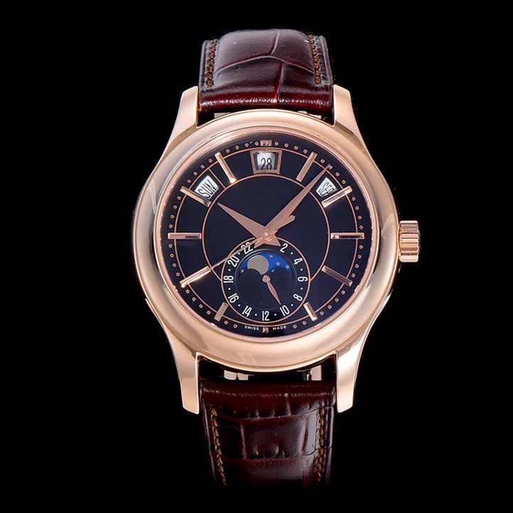 5205R-010 GRF Automatic Watch for men Complications Annual Calendar Rose Gold Black Dial Brown Leather Moon Phase wrist watch
