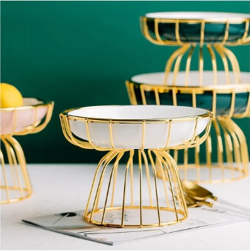 Golden Rim Ceramic Cake Dessert Display Stand Cup Dish Plate Holder With Metal Set For Wedding Party