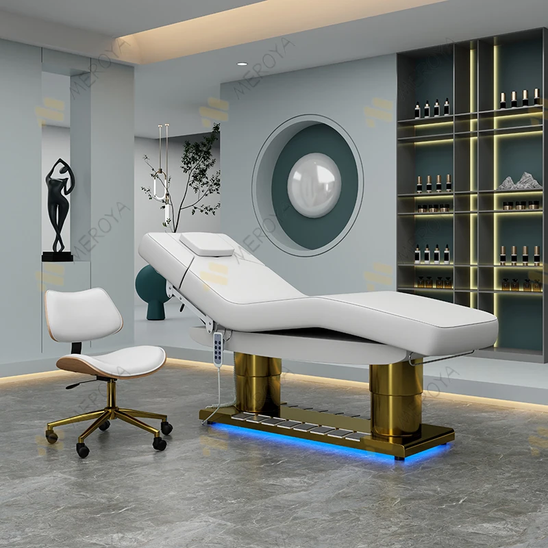 New beauty salon furniture white leather gold base massage table bed 4 motor electric control cosmetic facial spa salon bed