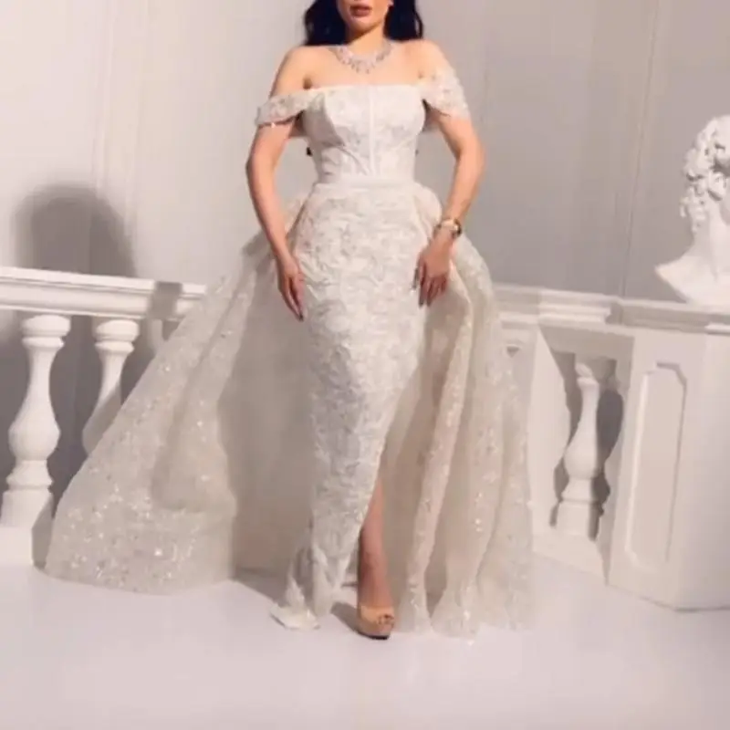 Off Shoulder Split Hem Prom Dress wedding dress bridal gown evening dress