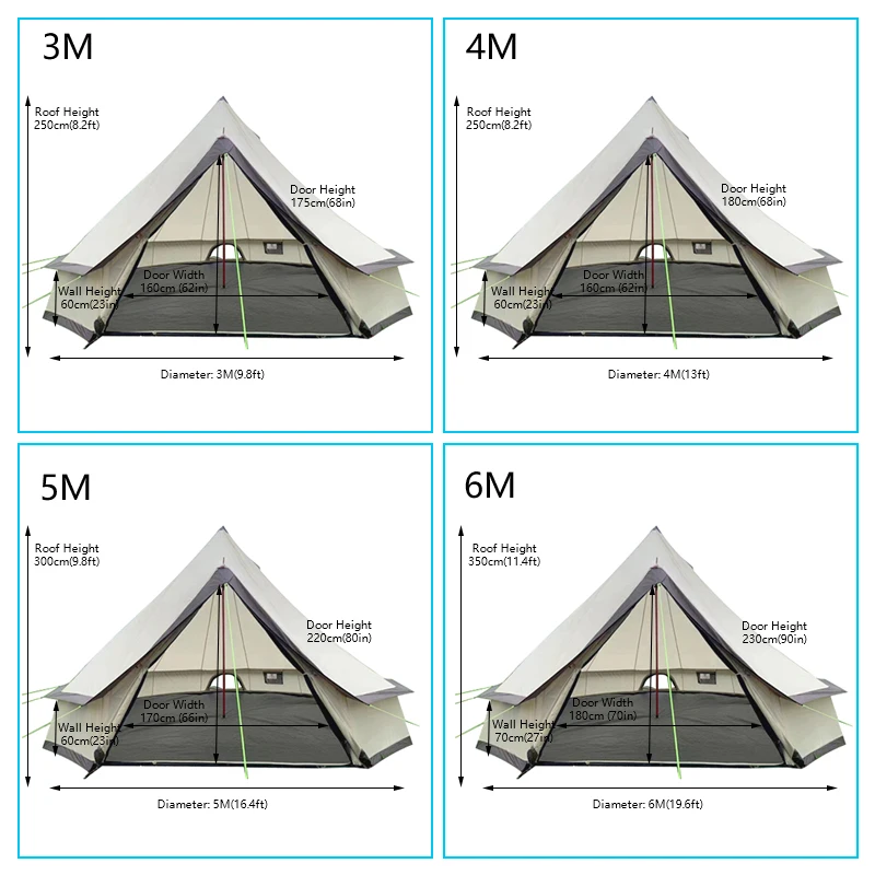 wholesale 3M 4M 5M 6M 420D Oxford 3000mm windproof four seasons camping & hiking luxury indian pyramid bell yurt glamping tent