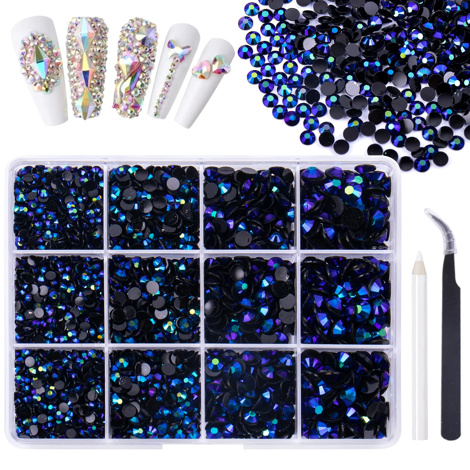 Destly 12 grid Nail Art Rhinestones Wax Pencil Tweezers Kit Crystal Glass Rhinestone Flatback Manicure Diamond