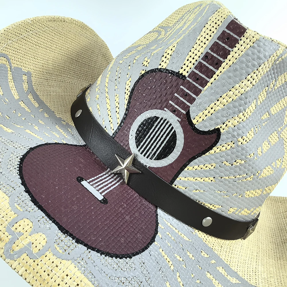High Quality Women Paper Straw Cowgirl Straw Hat Shapable Brim Sombreros Fashion Straw Men Cowboy Hat Hand Drawn Guitar