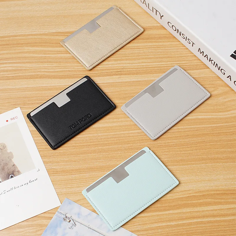 Wholesales Hand Held Cosmetic Stainless Steel Leather portable card compact pocket mirror foldable with heat welding finishing