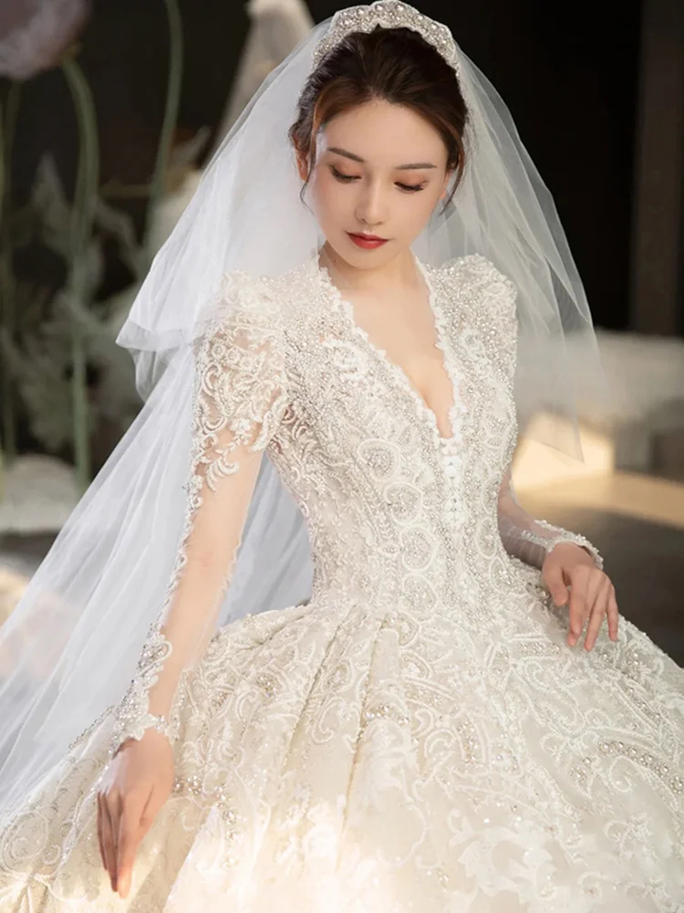 Handmade Lace Mesh Bridal Ball Gown Wedding Dress High Quality Luxury Trailing Wedding Dress