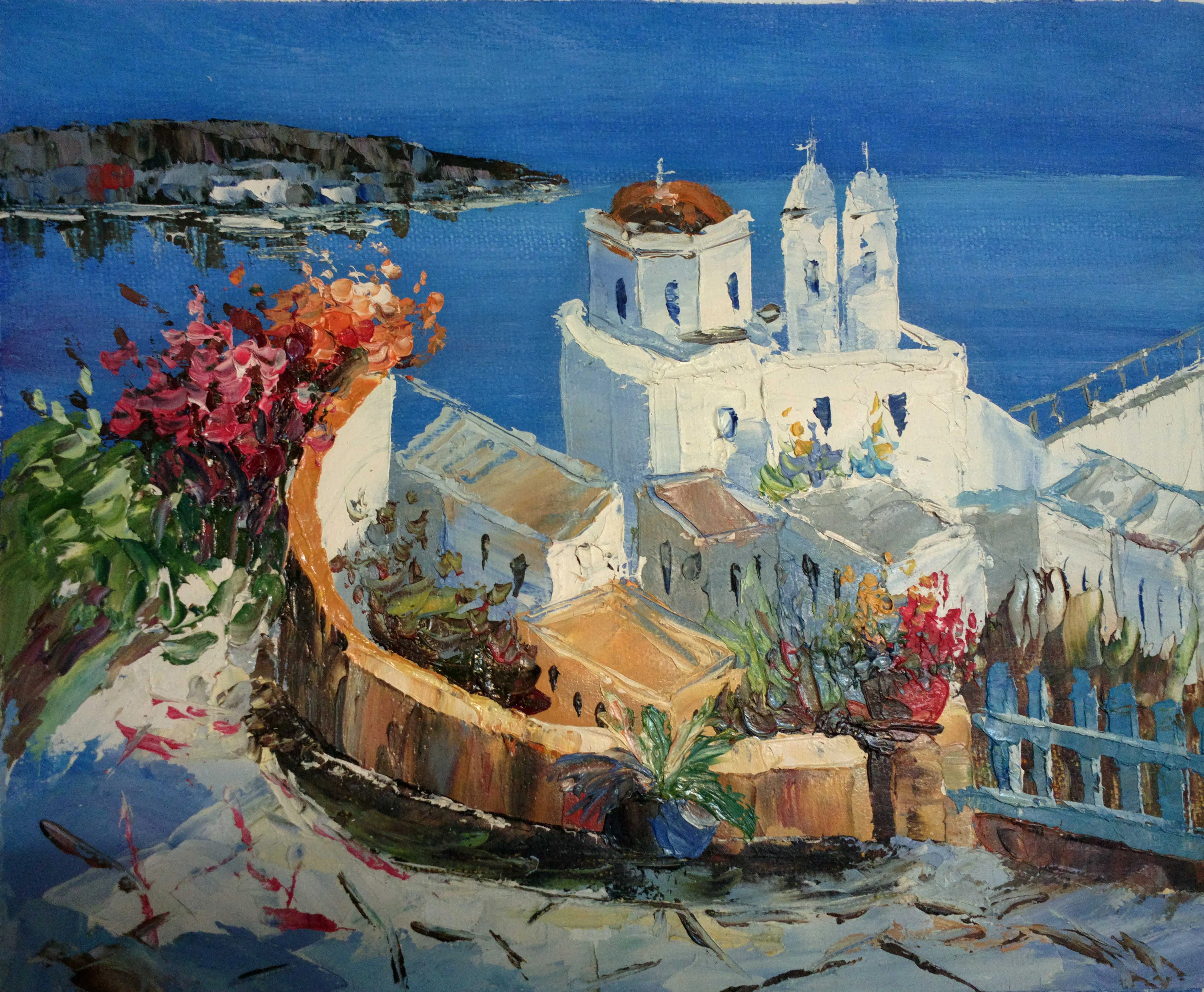 Оптовая продажа, современный стиль, низкая цена, без рамки с мольбертом, santorini, Приморская живопись маслом