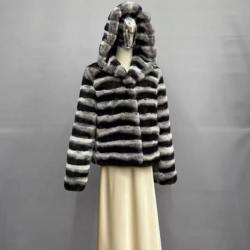 Russia  Style   Rex    Chinchilla  fur  coat  dyed  Color   Winter fur  coat    Women Warm   fur  coat