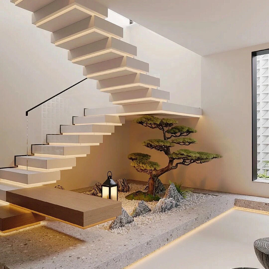 ECT 2023 Indoor Modern Design Wood Tread with lights Floating Staircase