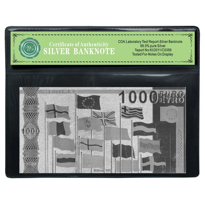 Hot new product for 2021 Euro 1000 Silver gift items, euro banknotes 24k gold in 999 Silver With COA frame Best Promotional Gift