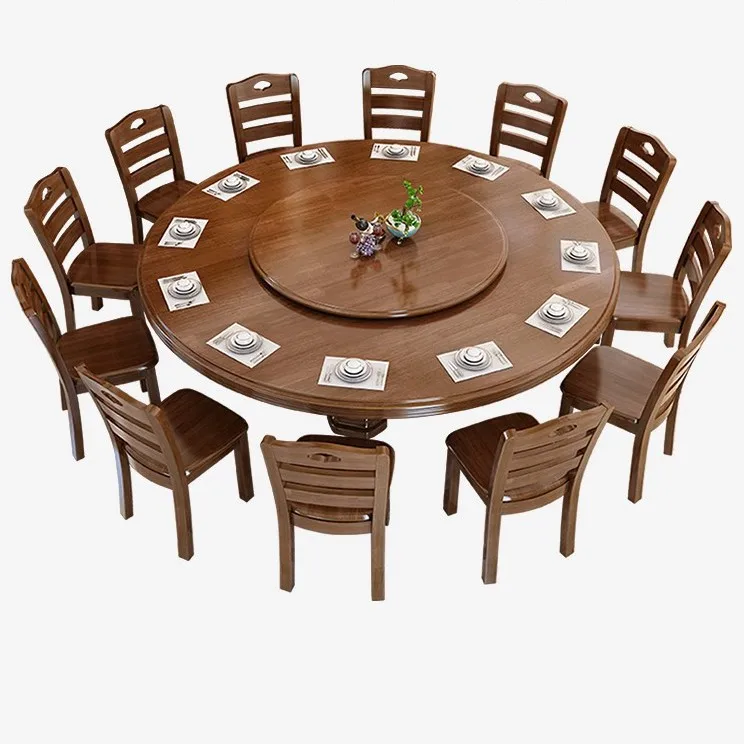 
Solid wood chair combination New Chinese style rotary table Modern 12 16 people round hotel box carved dining table chair set 