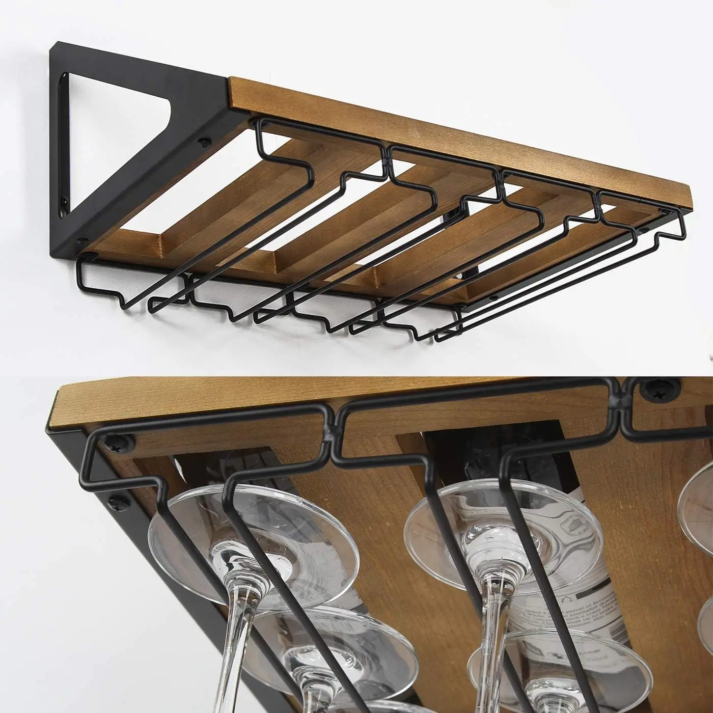 202404  Rustic Wood Wall Mount Wine Rack with 4 Metal Wire Glass Holder Home Kitchen decor Wine storage Rack