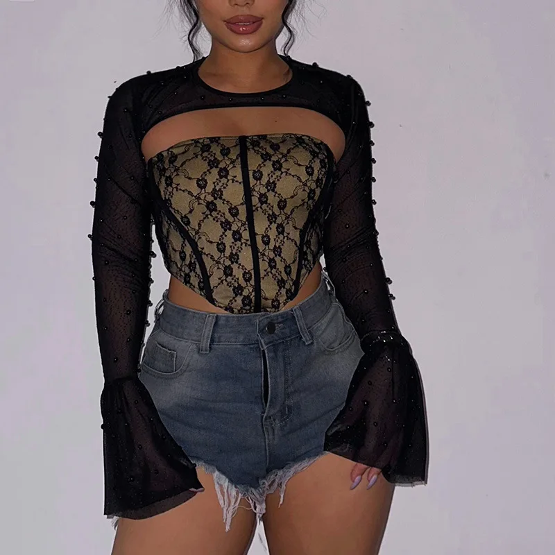 Sexy Black Floral Lace Crop Top Women Beaded Long Sleeve Blouse Girl Corset Top