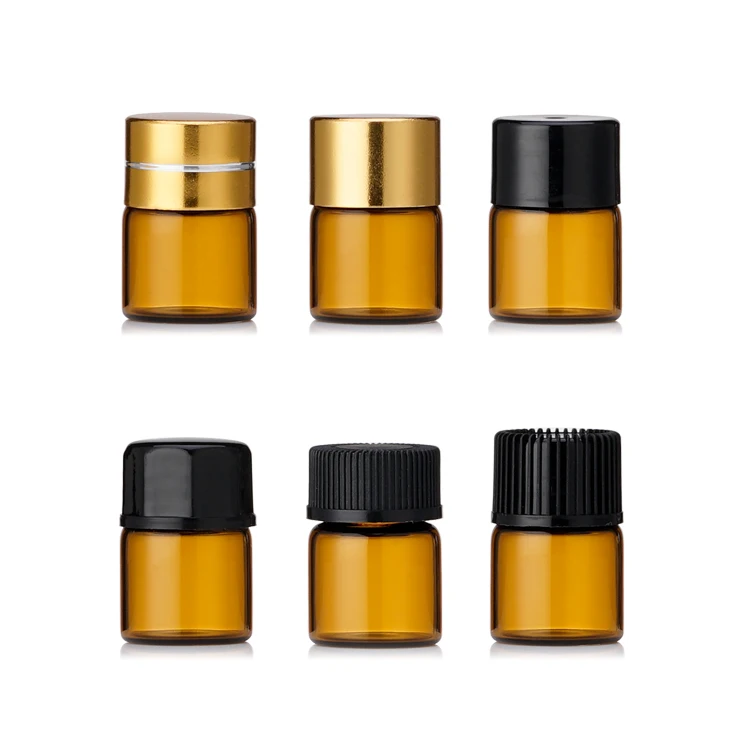 Hot Sale 1ml Mini Amber Glass Sample Bottles with Black Caps for Essential Oil, Chemistry Lab Chemical