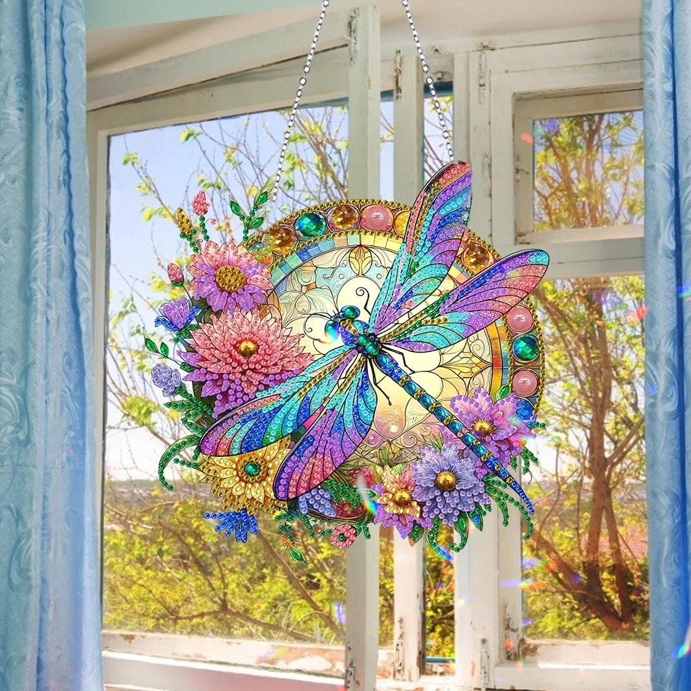 Dragonfly Special Shaped Crystal Diamond Art Painting Hanging Wind Chime Kits for Home Garden Wall Door Decor