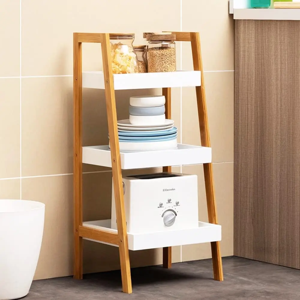 Bamboo Ladder Shelf 3-Tier Kitchen Organizer Rack FreeStanding Bookshelf Bathroom Storage Shelving Plants Stand Display Shelves