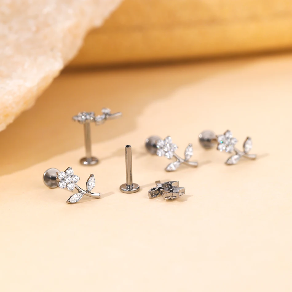 Lingchee Titanium Piercing Stud Earrings for Women Flower 16G CZ Tragus Cartilage Helix Conch Ear Stud Body Jewelry
