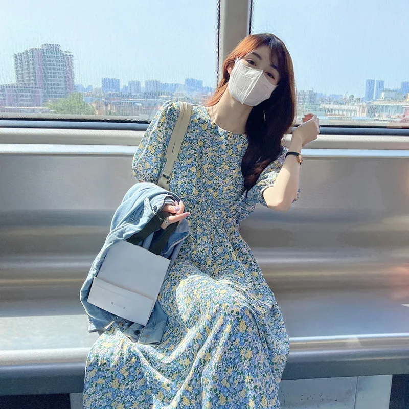 
 Custom small pure fresh bubble sleeves floral dress female summer 2021 new French first love gentle ethos long skirt  