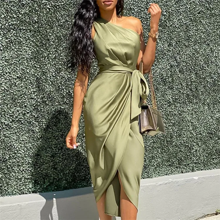 High quality sexy women satin green slim ladies dress One Shoulder Ruched Design Party Dress with belt