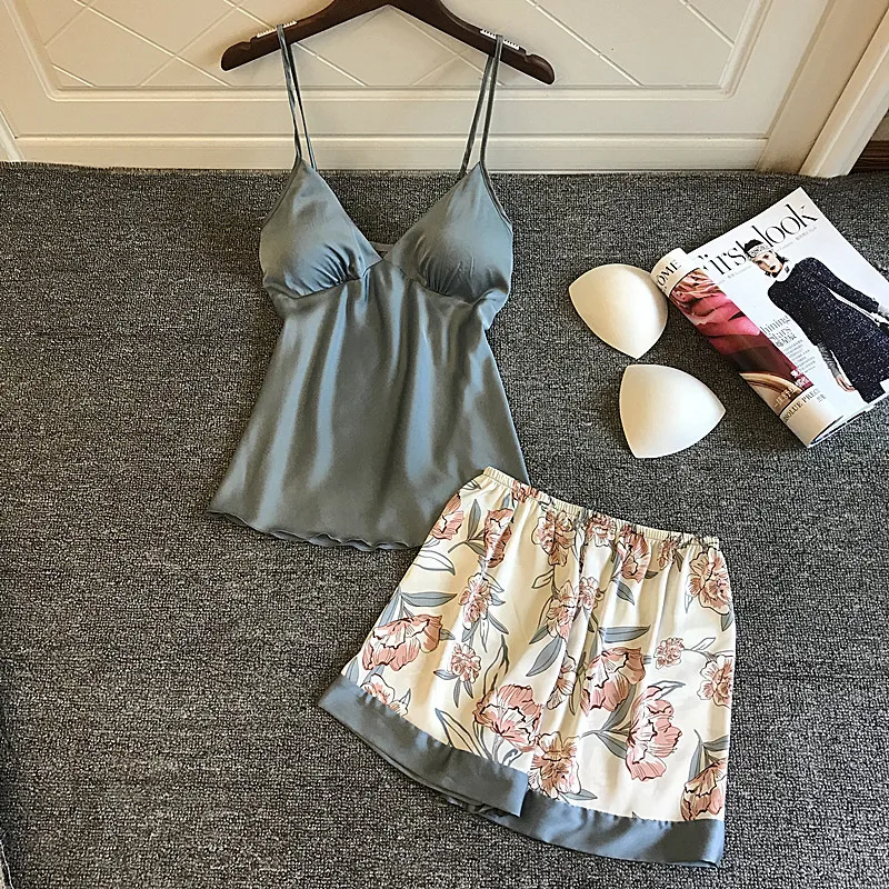 Home Suit Silk Pajamas for Women Floral Lounge Wear Pijama Summer Pyjamas Satin Sleepwear V-Neck 2 Piece Sets