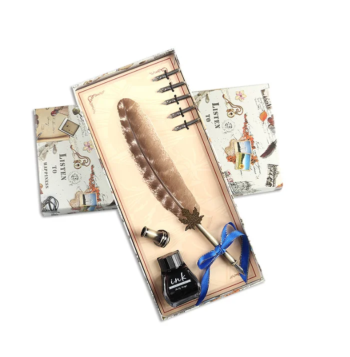 Real Natrual Vintage Craft Quill Calligraphy Feather Fountain Pen for Write Signature Gift Wedding Bridal Shower Party Supply