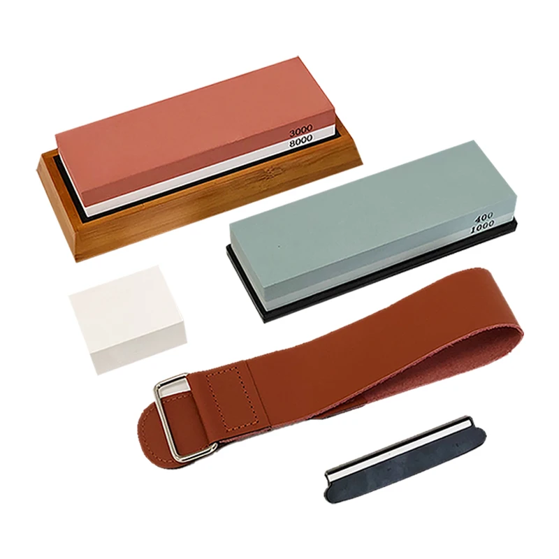 Premium Dual Grit Whetstone Complete Knife Sharpening Stone Set 400/1000 3000/8000 with Leather Strop Bamboo Base Angle Guide