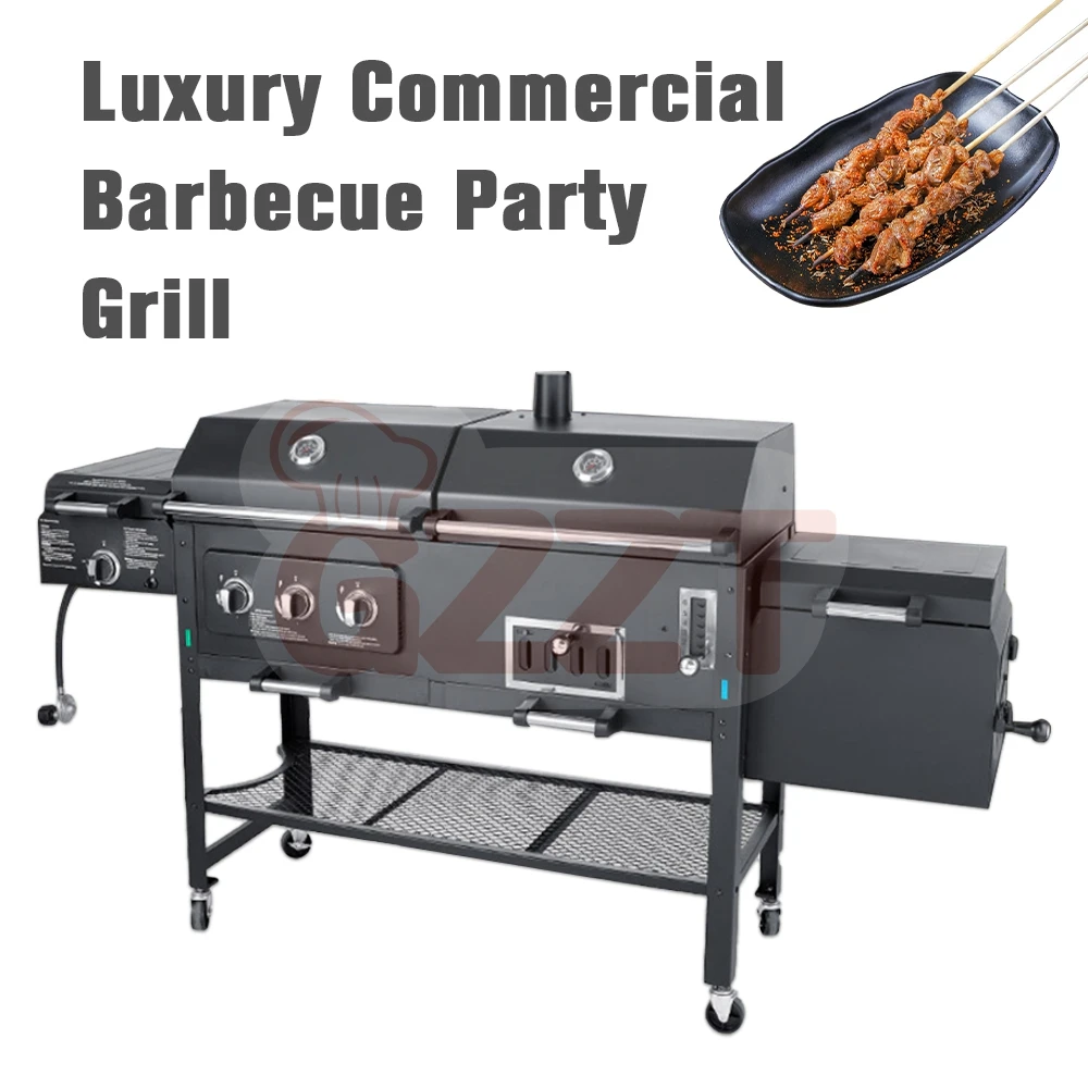 American Outdoor Garden Large Gas And Charcoal Grill Combo Smokeless Barbecue Bbq Commercial Grill Trolley With Smoker Oven