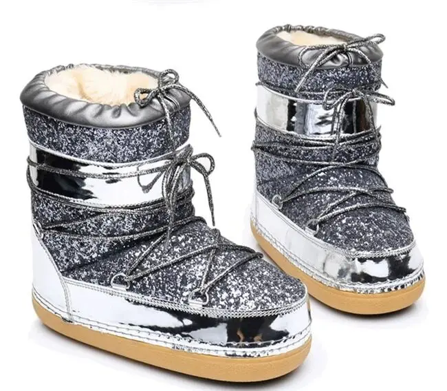 Winter hot soled sequined lace-up warm fleece fashion and comfort non slip waterproof moon shoes for women