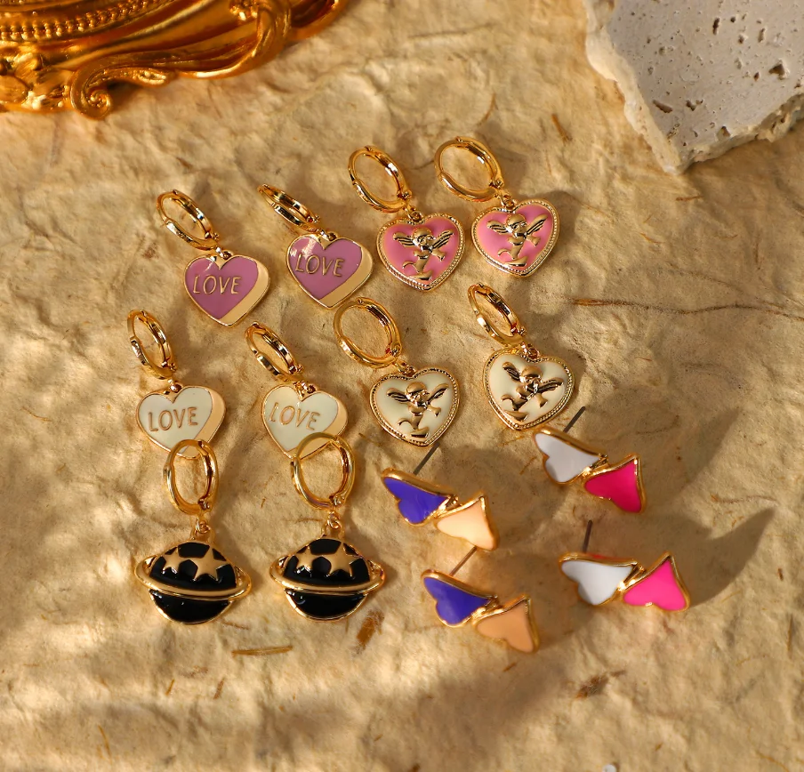 Ins Fashion Alloy Drip Oil Love Heart Drop Earrings Geometric Letter Planet Dangle For Women