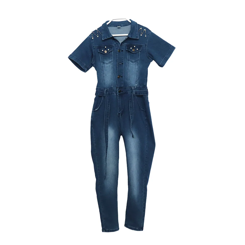 2022 Latest Design Turn-down Collar Solid Color Button Bodycon Jeans Women Trendy Style Sexy Beaded Women Denim Jumpsuit