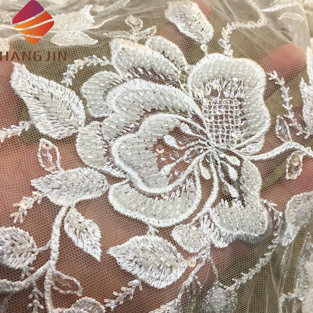 Ivory French White Embroidery Tulle Wedding Lace Fabric Fully Beaded Bridal Lace Fabric For Party Dress